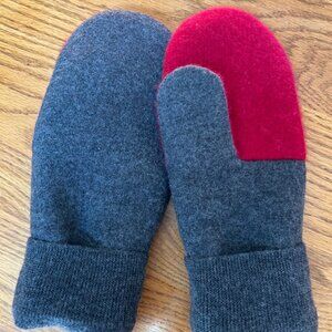Gray Felted Extra Fine Merino Wool Mittens/Red Cashmere Palms - Handcrafted